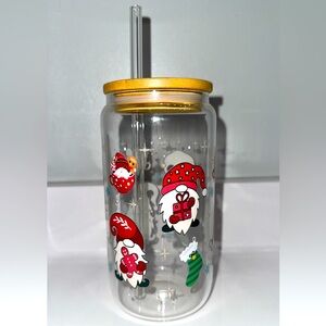 Festive Santa Glass Jar with Straw - Gold Lid